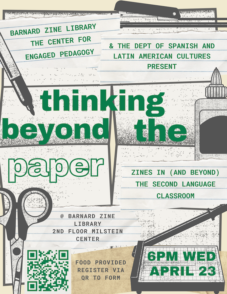 flyer that includes all of the information in this post. Graphics includ scissors, a long-reach stapler, and other zine icons. 