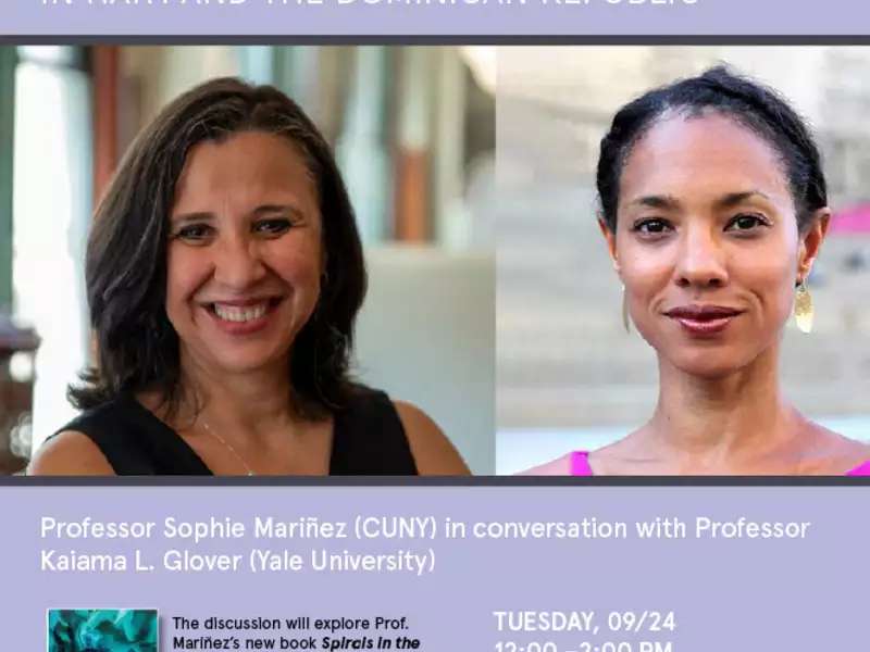 Photo of poster for the book talk featuring headshots of Professor Sophie Mariñez (CUNY) and Professor Kaiama L. Glover (Yale University)